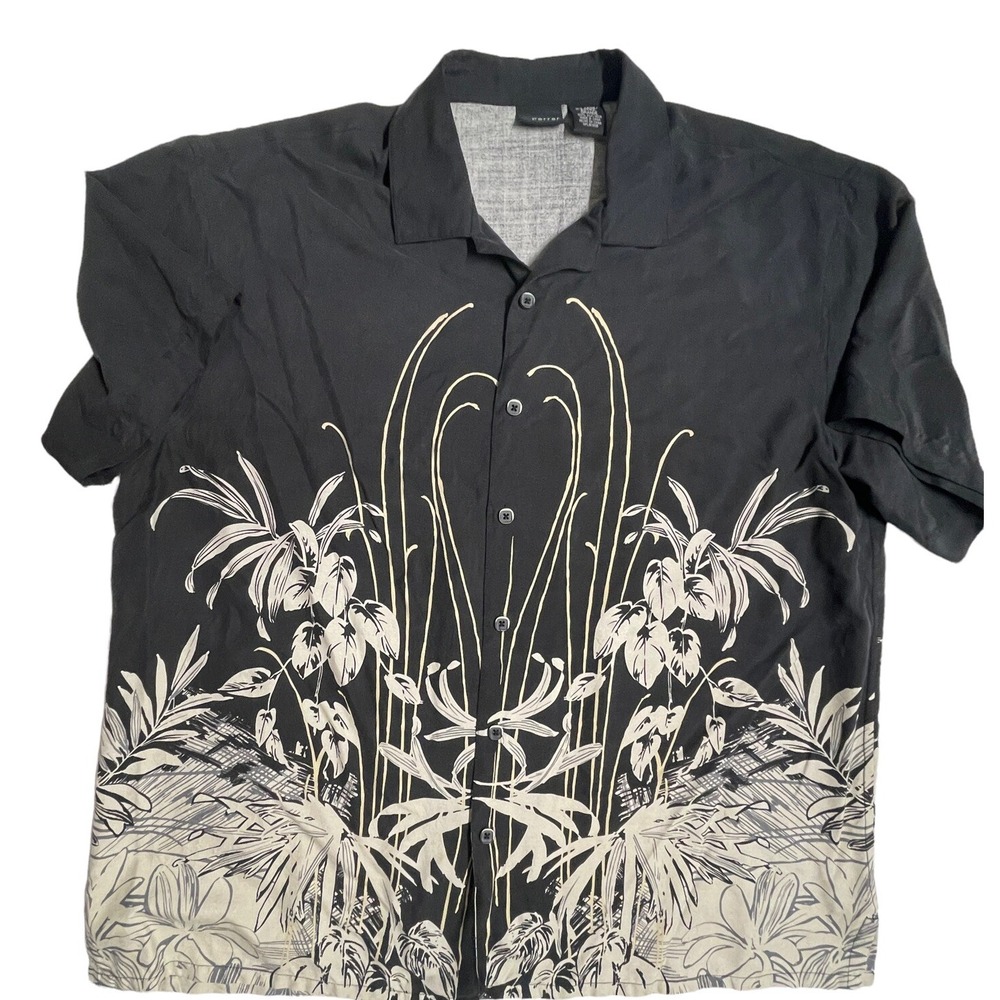 J Ferrar Mens Silk Shirt Mens XL Button Floral Tropical Hawaiian Casual Black